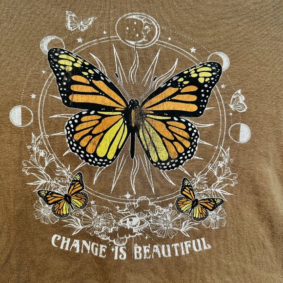 Home Girl Society Crop Top Lattice Back Butterfly CHANGE IS BEAUTIFUL Brown XS - Picture 3 of 7